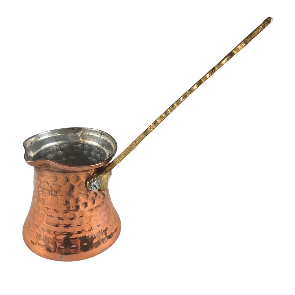 Vintage Hammered Copper Turkish Coffee Pot Cezve Ibrik Brass Handle 6"